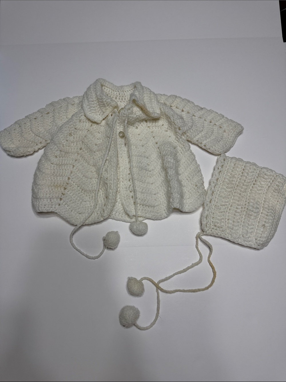 Vintage Cream Hand-Knit Baby Cardigan and Bonnet